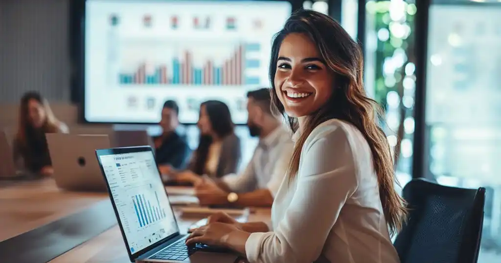 Una mujer frente a la computadora hace uso del análisis exploratorio de datos, del análisis predictivo, análisis descriptivo, análisis prescriptivo para la toma de decisiones basada en datos de la empresa de marketing.