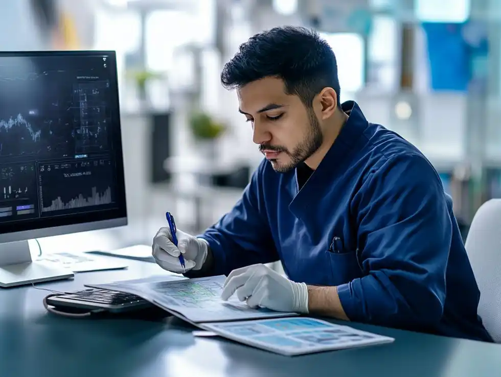 Un joven haciendo bioestadística en salud pública, destacando el papel esencial que desempeña en la gestión de salud pública. La imagen explica qué es la bioestadística y muestra algunas de las aplicaciones de la bioestadística y las generalidades de la bioestadística en este campo. 