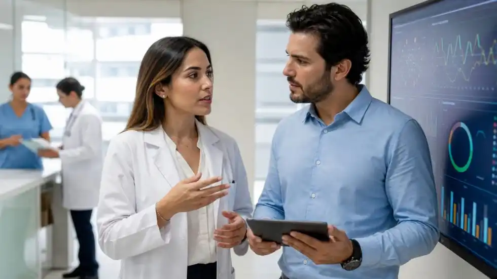 Profesional egresado de un Diplomado en Big Data en el Sector Salud con IA analizando grandes volúmenes de información mediante herramientas de Big Data e inteligencia artificial en un hospital.