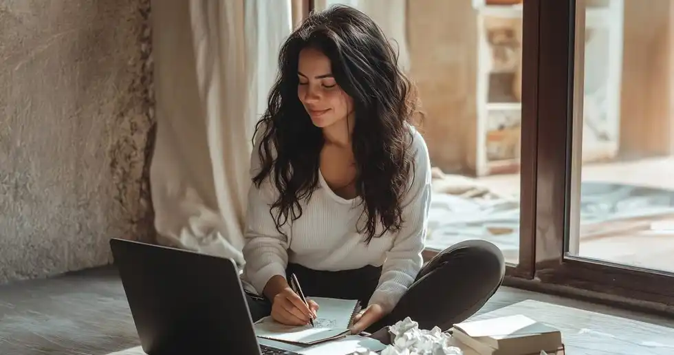 Fotografía de una joven desarrollando su expresión literaria al escribir un cuento en un club de escritura 