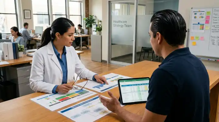 Equipo interdisciplinario en reunión de trabajo dentro de una institución de salud. Sobre la mesa hay computadores, informes y diagramas de procesos mientras revisan estrategias de administración de servicios de salud.