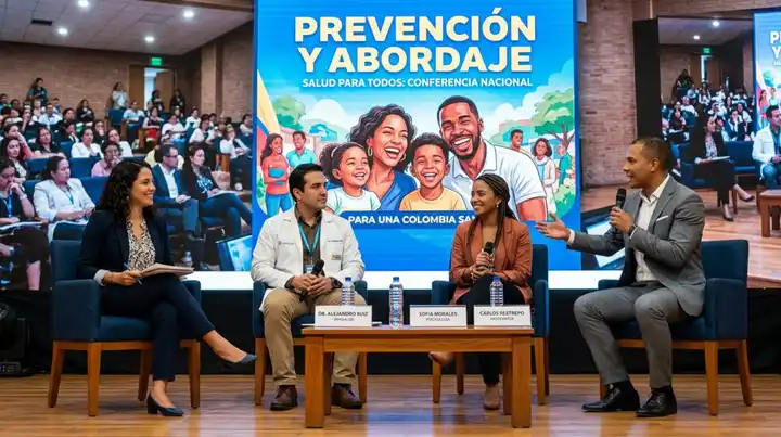 Imagen de equipo interdisciplinario conformado por docentes, profesionales de la salud y líderes comunitarios revisa información y dialoga sobre estrategias de prevención del suicidio en Colombia durante una reunión de trabajo.