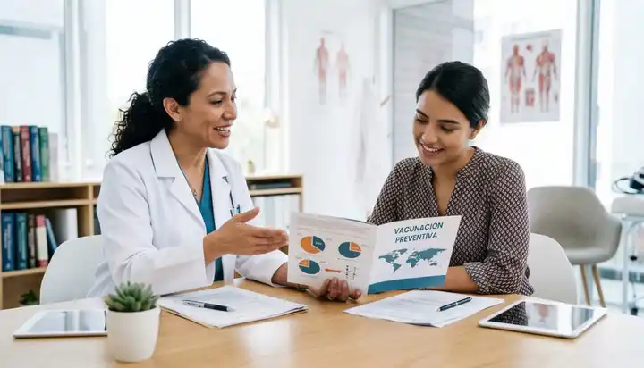 Imagen de profesional de la salud teniendo comunicación asertiva con el paciente explicándole la importancia de las vacunas.