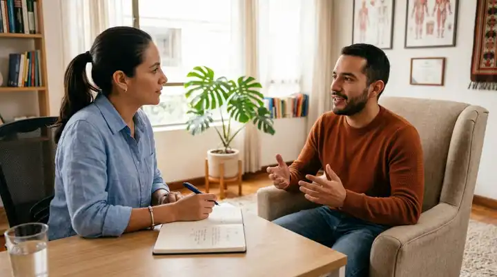 Terapeuta conversando con una consultante en un espacio de atención psicológica.