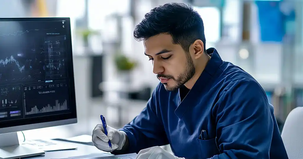 Un joven haciendo bioestadística en salud pública, destacando el papel esencial que desempeña en la gestión de salud pública. La imagen explica qué es la bioestadística y muestra algunas de las aplicaciones de la bioestadística y las generalidades de la bioestadística en este campo.