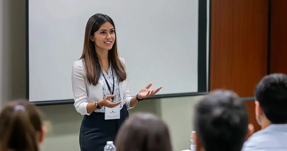 Imagen mostrando un grupo diverso de personas en una conferencia sobre desarrollo profesional. Algunos están tomando notas y otros conversan sobre estrategias para el reajuste profesional y la actualización de habilidades. La pantalla del fondo muestra gráficos y consejos sobre oportunidades y mejora continua en el desarrollo personal y profesional. 