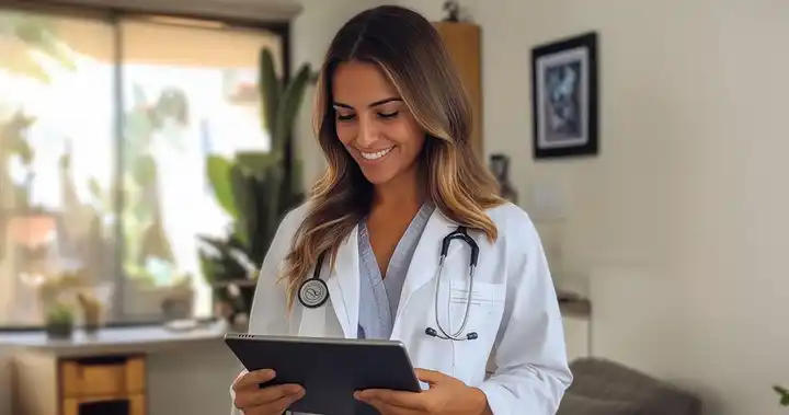 Imagen de un profesional realizando un análisis de datos en salud desde un dispositivo móvil