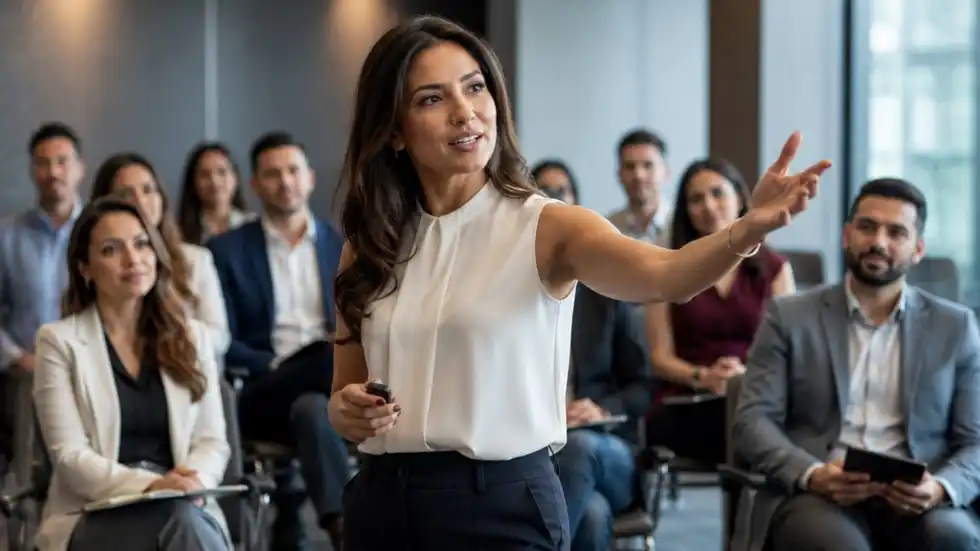 Egresado del diplomado en coaching participando en una sesión de formación sobre liderazgo y coaching, con intercambio de ideas junto a otros colaboradores en un entorno organizacional.