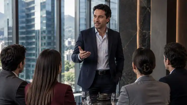 Líder conversando con su equipo de trabajo en una reunión colaborativa, fortaleciendo la comunicación, la confianza y el liderazgo organizacional.