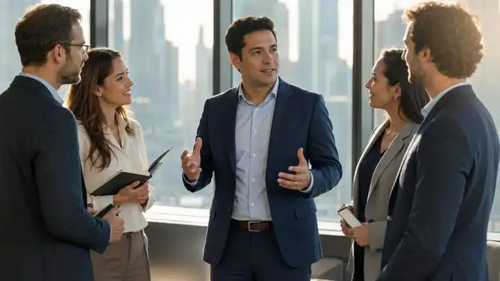 Líder conversa con su equipo durante una reunión de trabajo, utilizando herramientas para el liderazgo para facilitar el diálogo, la toma de decisiones y la construcción de acuerdos.