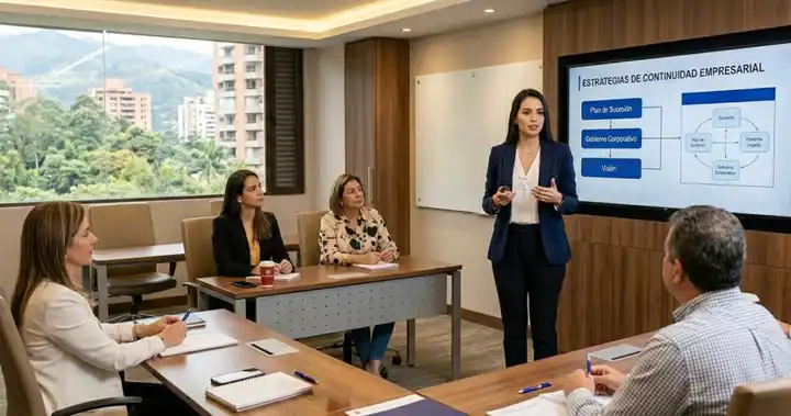 Imagen de un fundador y nueva generación revisando plan del proceso de sucesión en Colombia con asesor legal en oficina corporativa. 