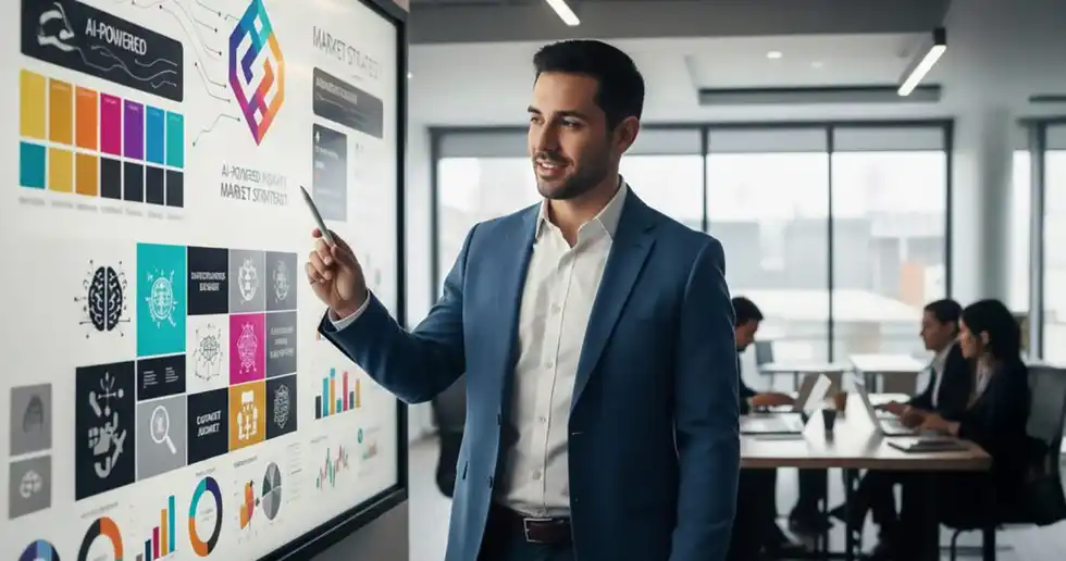 Fotografía de egresado analizando datos y bocetos creativos durante un proceso de creación de marcas frente a pantallas digitales con interfaces de IA generativa.