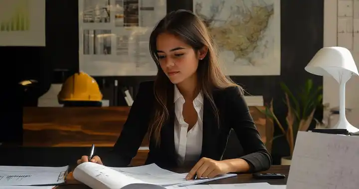 Imagen de una joven especializada en derecho urbanístico revisando unos planes de gestión territorial