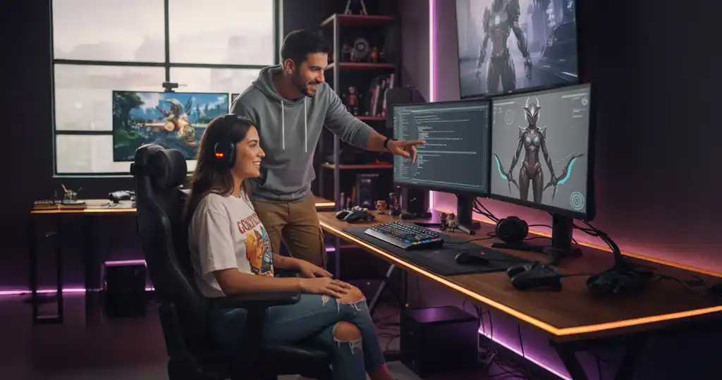 Imagen de una participante completando su primer prototipo en creación de videojuegos Unity en un laboratorio virtual.