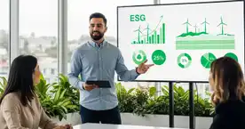 Fotografía de jóvenes en una oficina mientras analizan estrategias de consumo responsable en una reunión, con gráficos de sostenibilidad y economía.