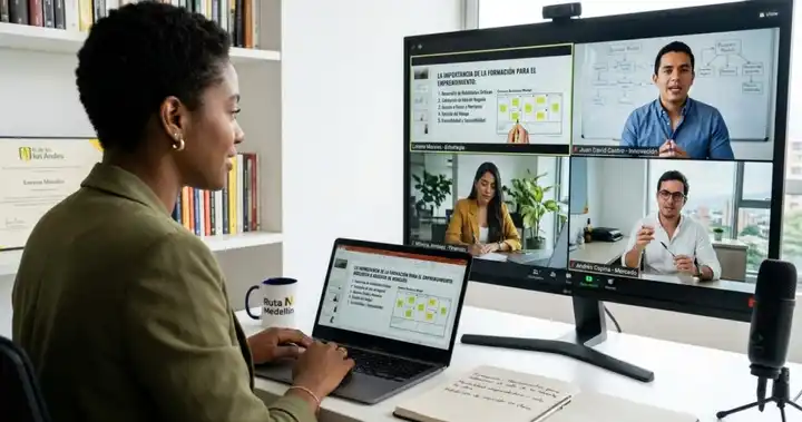 Imagen de profesionales conectados en sesión virtual analizando modelos de negocio y reflexionando sobre ¿cuál es la importancia de la formación para el emprendimiento? desde sus espacios de trabajo.