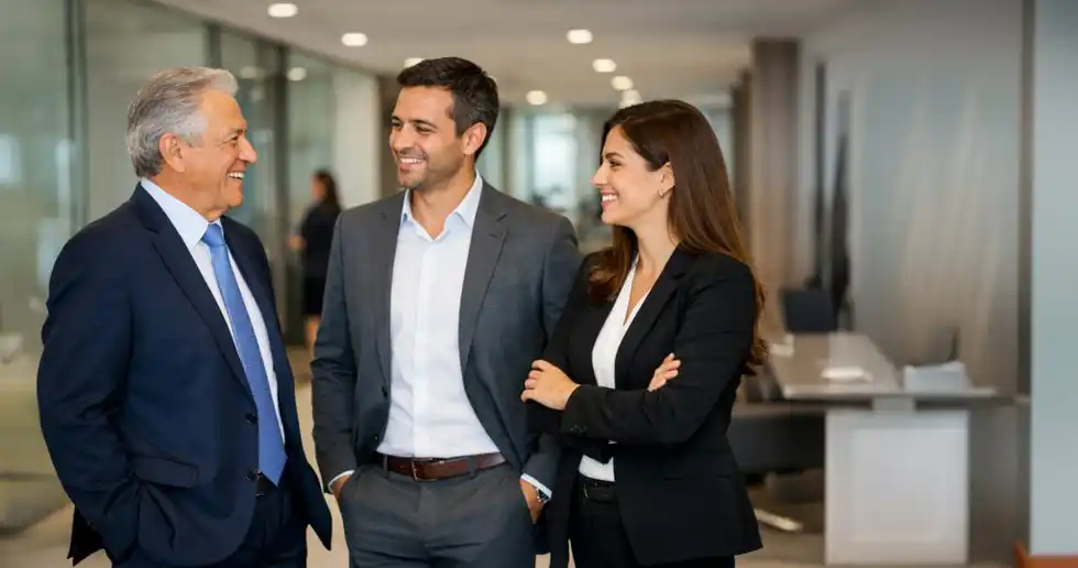 Fotografía de un egresado de un diplomado en empresas familiares explicando estrategias de continuidad empresarial a grupo de empresarios familiares en aula ejecutiva.