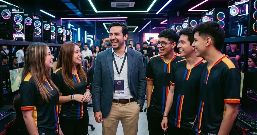 Fotografía de jugadores compitiendo en un torneo de esports frente a pantallas grandes y público animando, mostrando coordinación y estrategia en videojuegos.