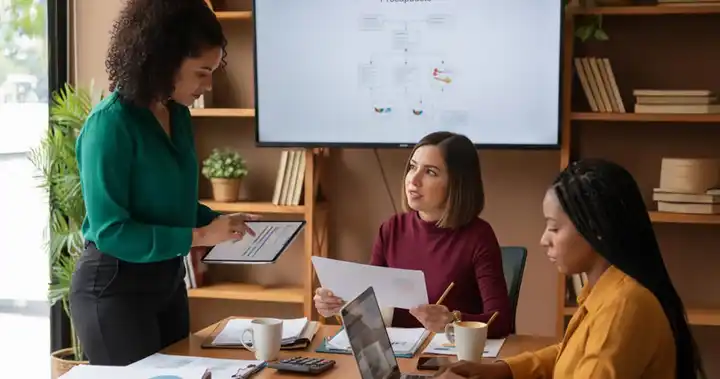 Imagen de profesionales revisando presupuestos y estados financieros en una pequeña empresa, aplicando finanzas para mipymes en la gestión del negocio.