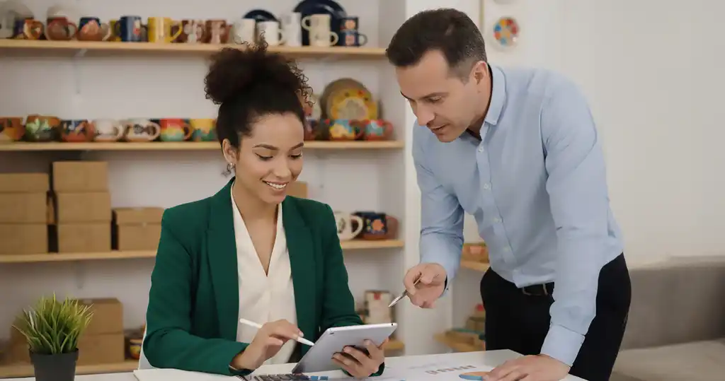 Fotografía de profesional analizando gráficos financieros y resultados de ventas en una reunión, evaluando el retorno de inversión ROI en decisiones comerciales.