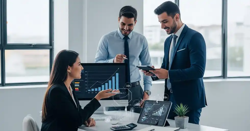 Fotografía de mujer presentando un análisis financiero a directivos en una oficina para la creación de estrategias.