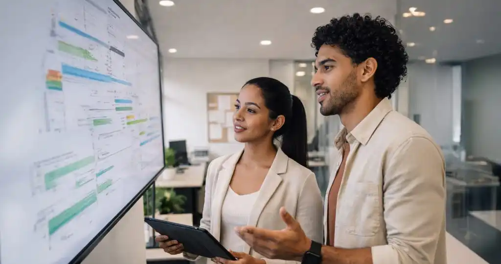 Fotografía de egresado del diplomado en gerencia de proyectos en sesión estratégica de gerencia y gestión de proyectos aplicando el estándar PMI en entorno corporativo.