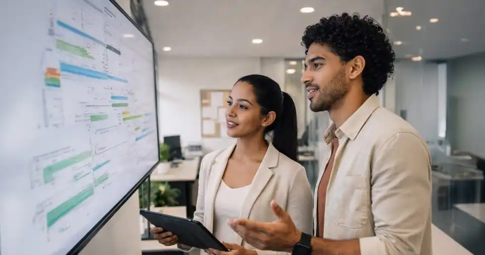 Fotografía de egresado del diplomado en gerencia de proyectos en sesión estratégica de gerencia y gestión de proyectos aplicando el estándar PMI en entorno corporativo. 