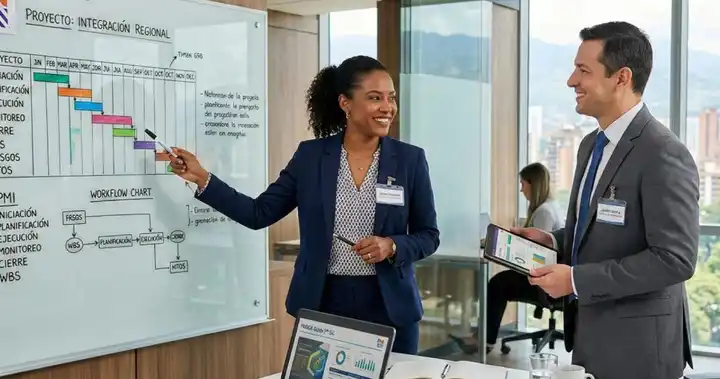Imagen de profesionales analizando tablero de planificación basado en el estándar PMI en entorno colaborativo de gestión de proyectos.