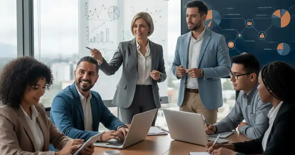 Fotografía de un egresado del diplomado en gerencia financiera, enfocado en la gestión empresarial analizando indicadores financieros en una pantalla digital.