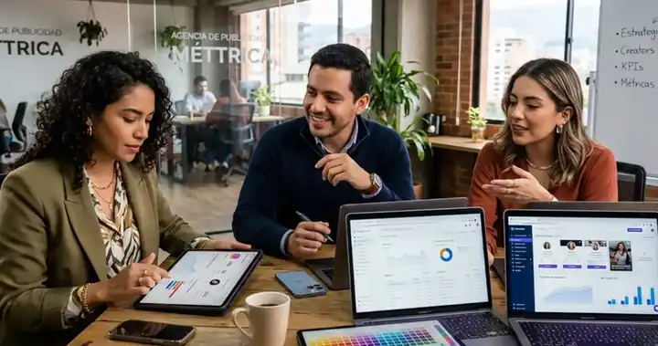 Imagen de especialista en marketing digital presentando a su equipo la importancia de los influencers en el marketing durante reunión estratégica.