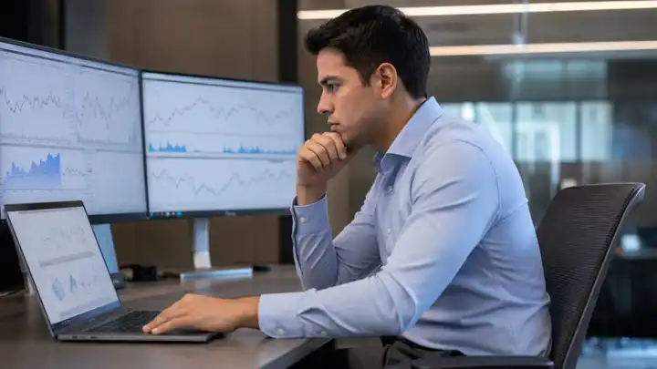 Profesional financiero revisando datos del mercado de divisas en una pantalla para analizar movimientos de moneda y comprender la especulación con el cambio de moneda.