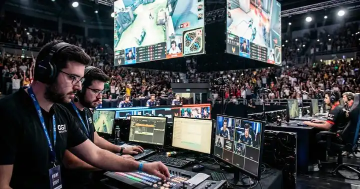 Imagen de equipo de profesionales gestionando torneos y proyectos dentro de la industria de los videojuegos en Colombia en un entorno de eSports.