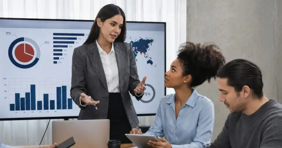 Fotografía de profesionales mostrando a un cliente el crecimiento obtenido gracias a una campaña de inbound marketing al aplicar estrategias en growth hacking