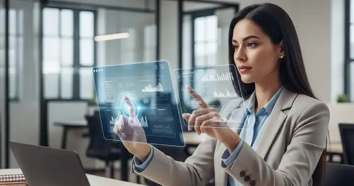 Imagen de profesionales usando computadoras con interfaces de inteligencia artificial para optimizar la productividad laboral en una oficina.