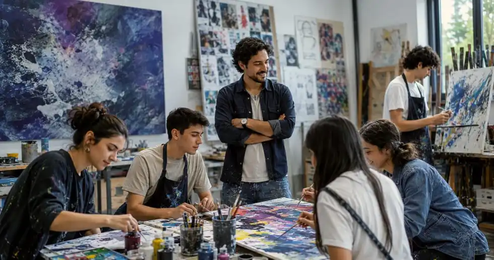 Un profesor de arte dando clases de música a un grupo