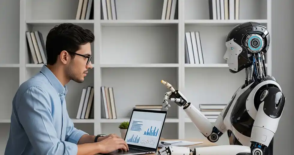 Fotografía de joven optimizando su productividad laboral en home office con el uso de una IA generativa. 