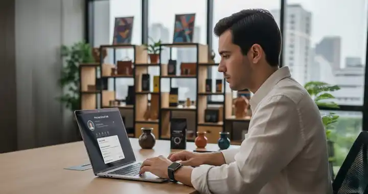 Fotografía de joven frente a su computadora diseñando un perfil profesional, representando cómo crear una marca personal en entornos digitales.