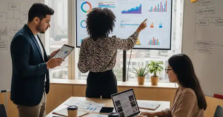 Imagen de un equipo trabajando en estrategias de marketing digital y growth marketing, revisando métricas, campañas digitales y planes de crecimiento en una sala de trabajo.