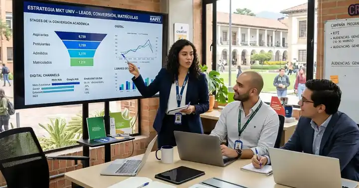 Imagen de equipo de marketing educativo revisando métricas y embudo de conversión en pantalla durante planeación de estrategias de marketing para instituciones educativas. 