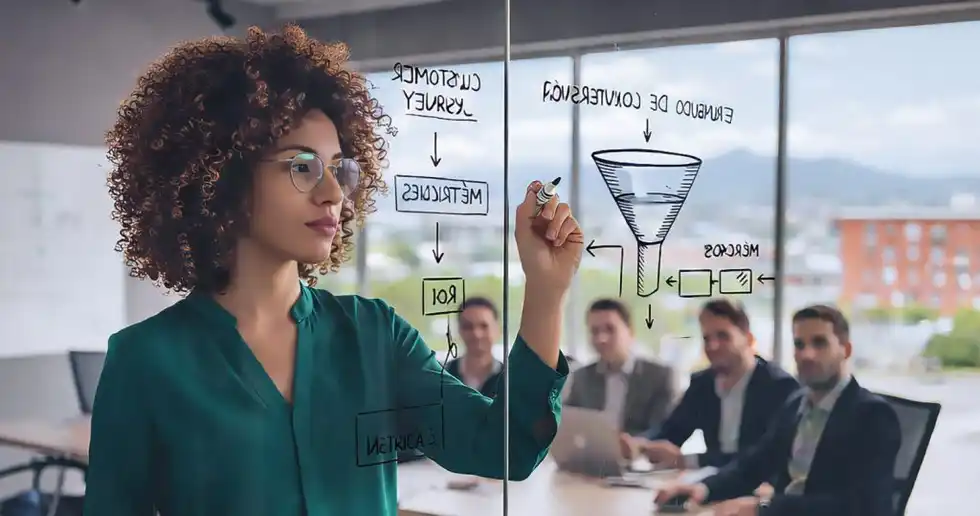 Fotografía de equipo profesional en universidad trabajando en estrategia digital y analizando resultados de marketing para instituciones educativas. 