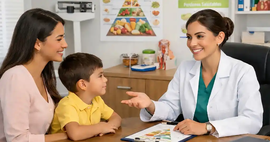 Fotografía de egresado del Diplomado en Nutrición Infantil orientando a madre y niño en consulta pediátrica, con gráficos de crecimiento y material académico.
