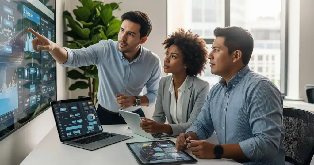 Ejecutivos revisando indicadores de desempeño en pantallas digitales como parte de un plan de mejora continua.