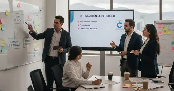 Grupo de líderes diseñando estrategias de optimización de recursos con enfoque en la metodología Lean.