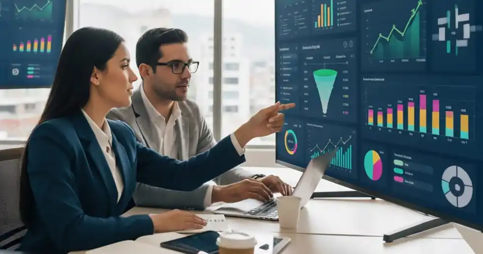 Fotografía de profesional analizando datos de marketing en una pantalla, con el uso de IA y enfoque data driven en una agencia de medios.