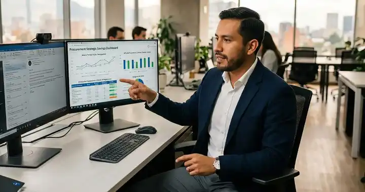 Imagen de equipo corporativo de compras y abastecimiento revisando contratos, costos y proveedores en reunión ejecutiva.