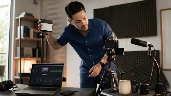Profesional realizando una grabación de video con celular aplicando conceptos básicos de producción audiovisual como iluminación, encuadre y audio.