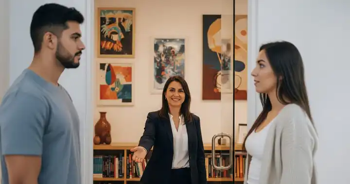 Imagen de psicoterapeuta en consulta aplicando el enfoque psicodinámico para guiar a una pareja en cómo solucionar un conflicto de pareja.