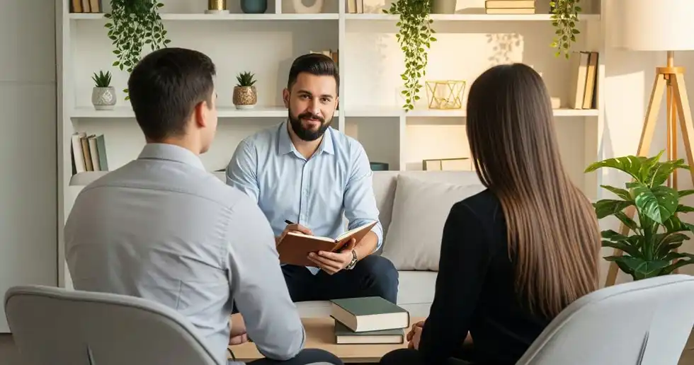 Fotografía de terapeuta con una pareja ayudándoles a superar conflictos de pareja con un proceso psicoterapéutico. 