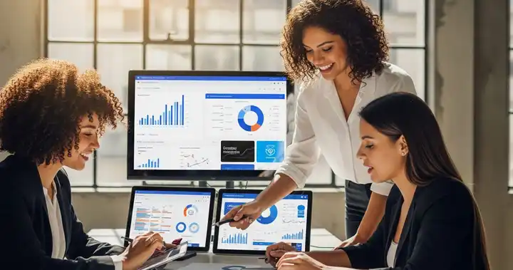 Imagen de un equipo creativo analizando tendencias actuales en publicidad y marketing digital con dashboards de datos y plataformas publicitarias en pantalla.