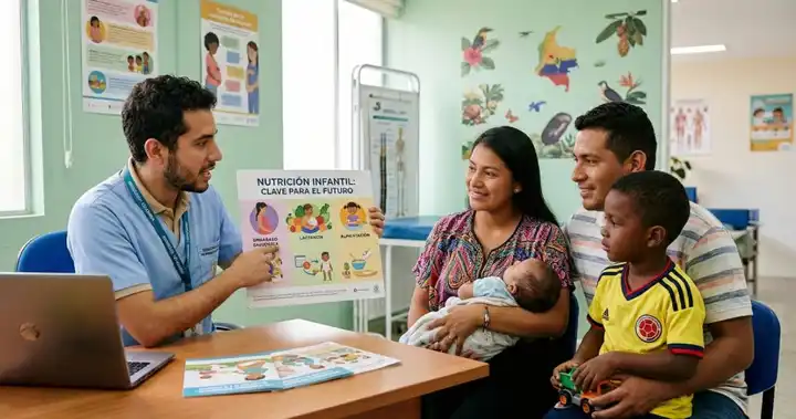 Imagen de nutricionista infantil explicando a mujer gestante y familia la importancia de la nutrición infantil, con apoyo visual.